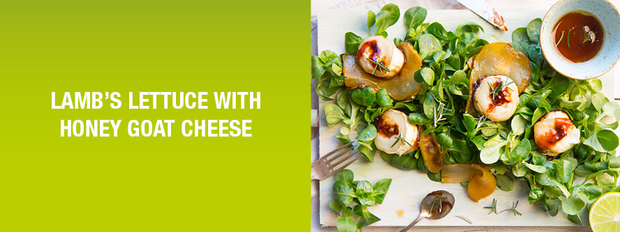Winterly lamb’s lettuce with honey goat cheese & fried pears